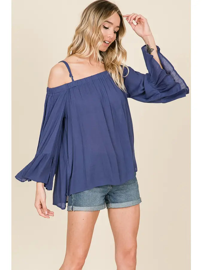 DENIM BLUE OFF SHOULDER LONG RUFFLED SLEEVES WOVEN TOP HMT1102