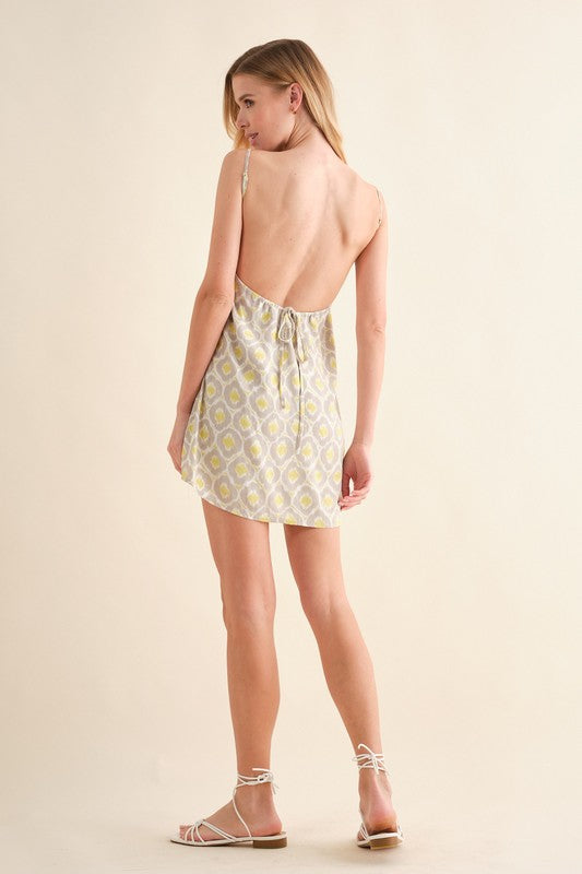 YELLOW FRONT LACE DETAIL SPAGHETTI STRAP OPEN BACK MINI DRESS HYHD0182