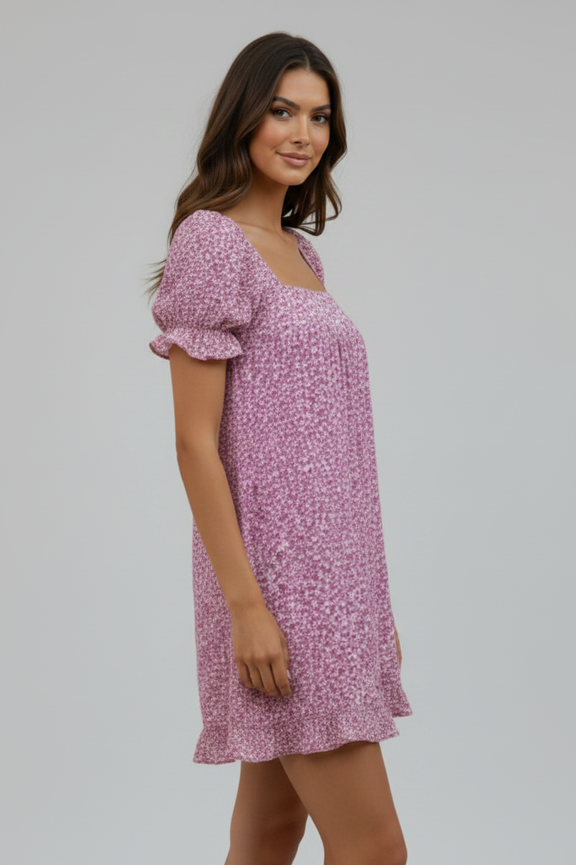 PINK DITSY FLORAL SQUARE NECK RUFFLED HEM MINI DRESS-D8265-