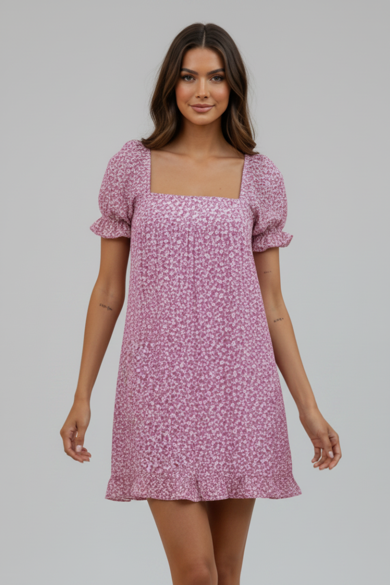 PINK DITSY FLORAL SQUARE NECK RUFFLED HEM MINI DRESS-D8265-