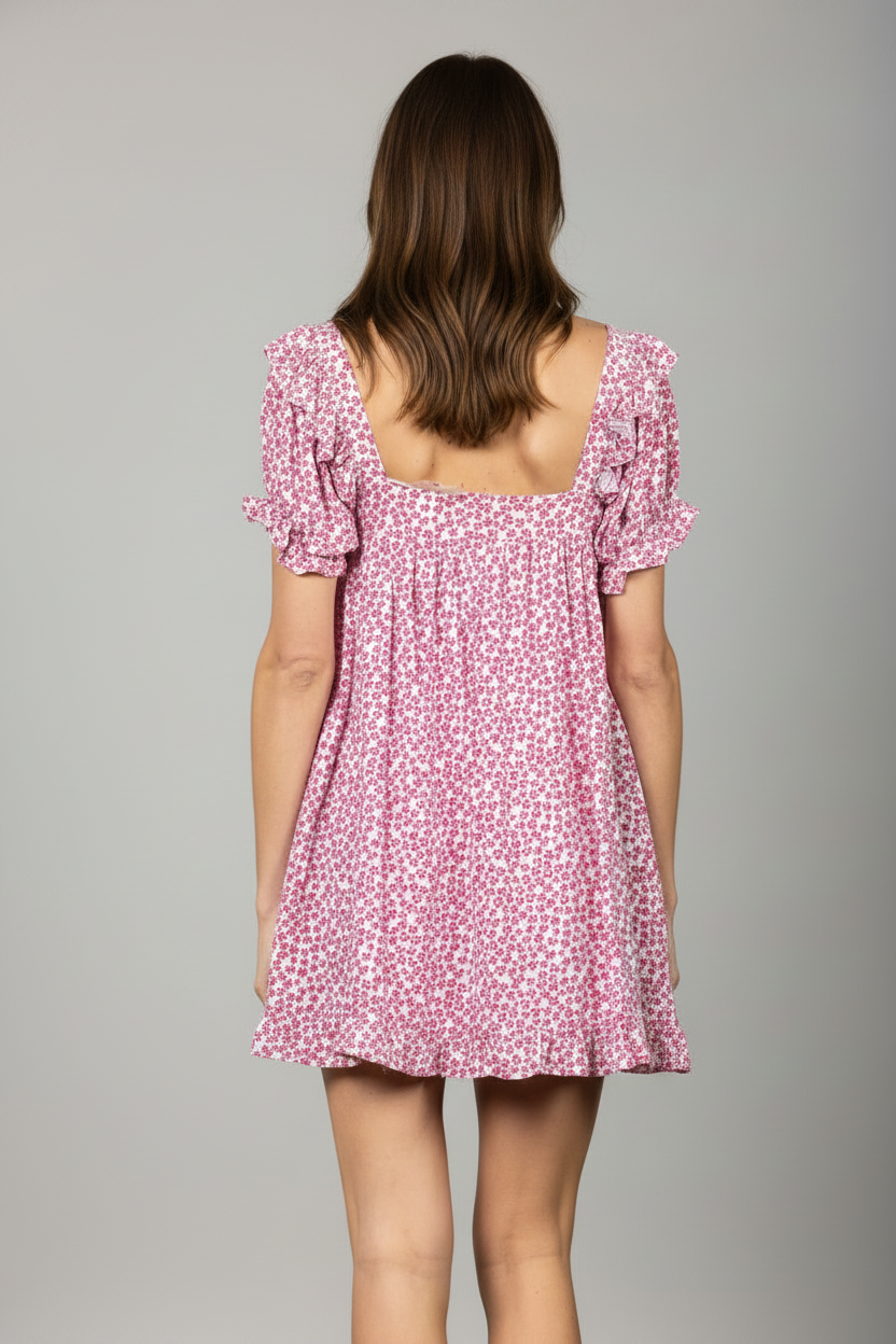 PINK DITSY FLORAL SQUARE NECK RUFFLED HEM MINI DRESS-D8265-