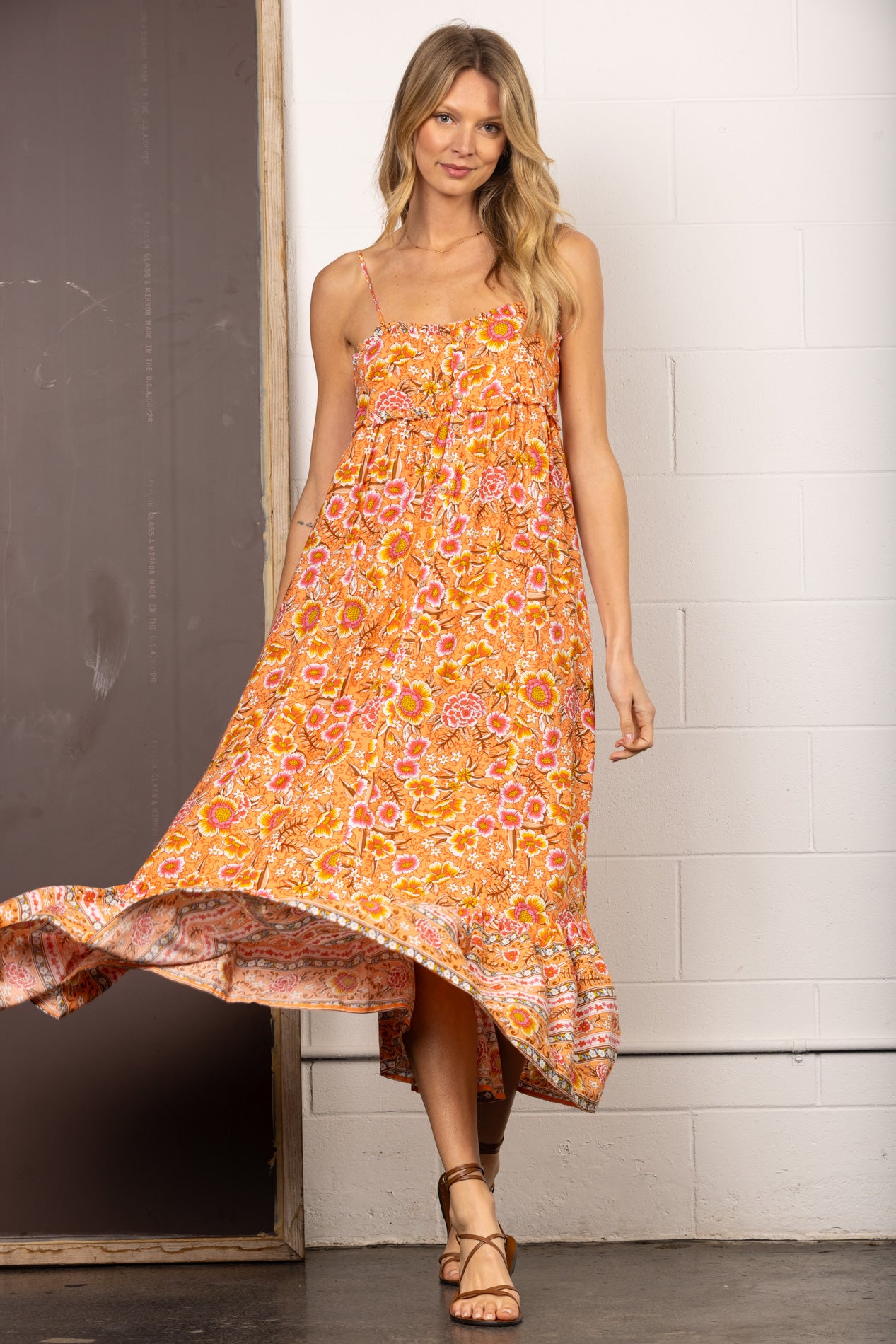 TANGERINE TIERED BUTTON DETAILED MAXI DRESS-HYD0030