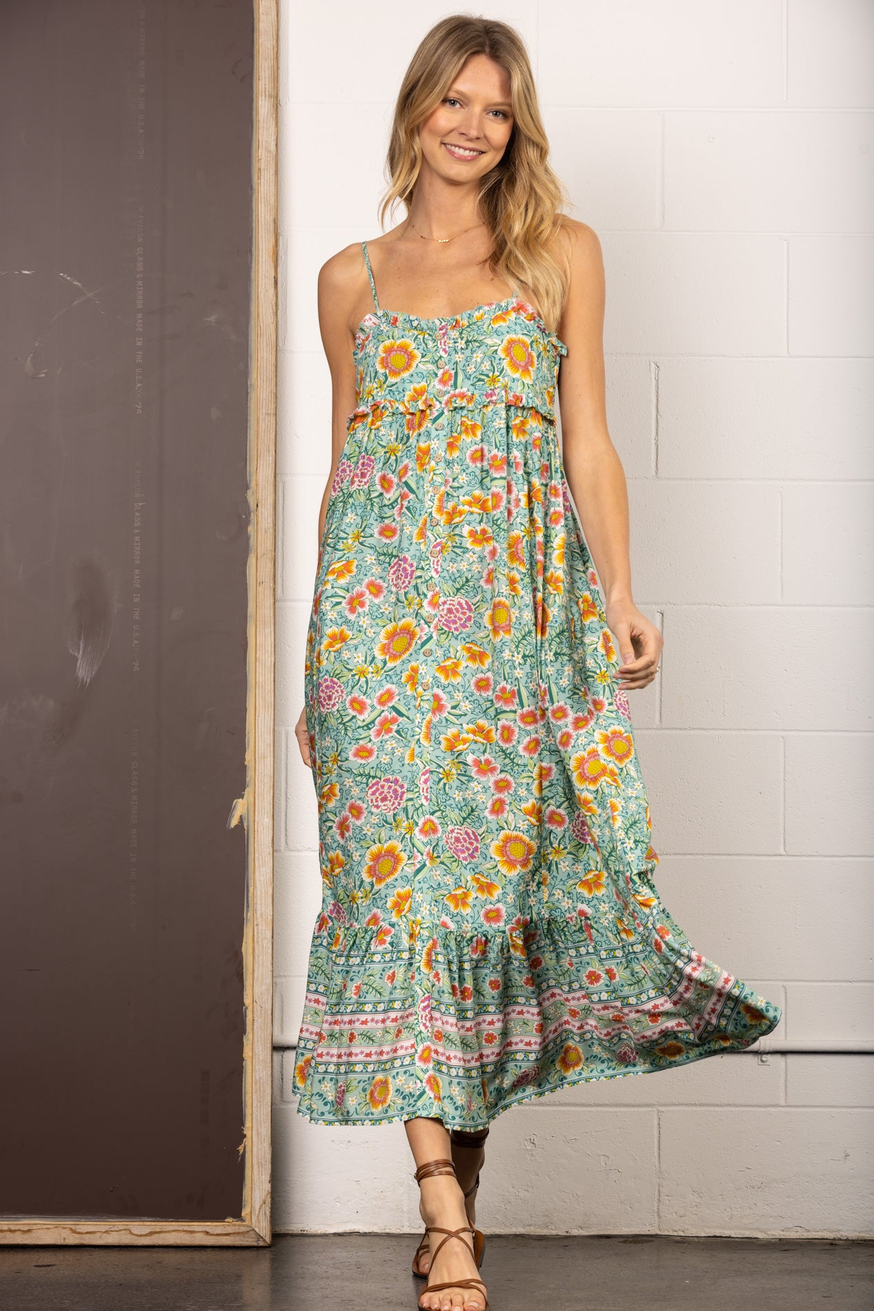 GREEN TIERED BUTTON DETAILED MAXI DRESS-HYD0030