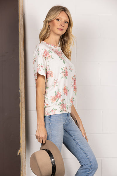 IVORY FLORAL BUBBLE BANDED HEM KNIT TOP T1915