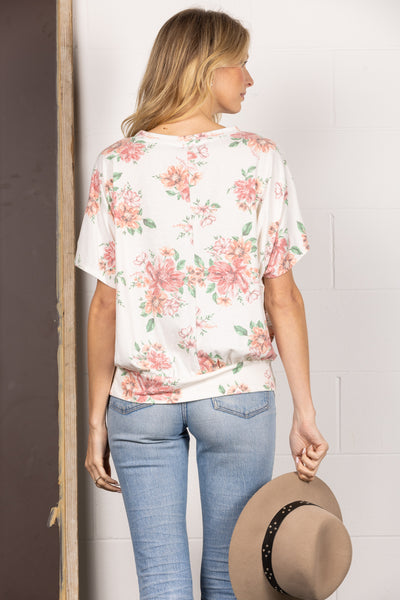 IVORY FLORAL BUBBLE BANDED HEM KNIT TOP T1915