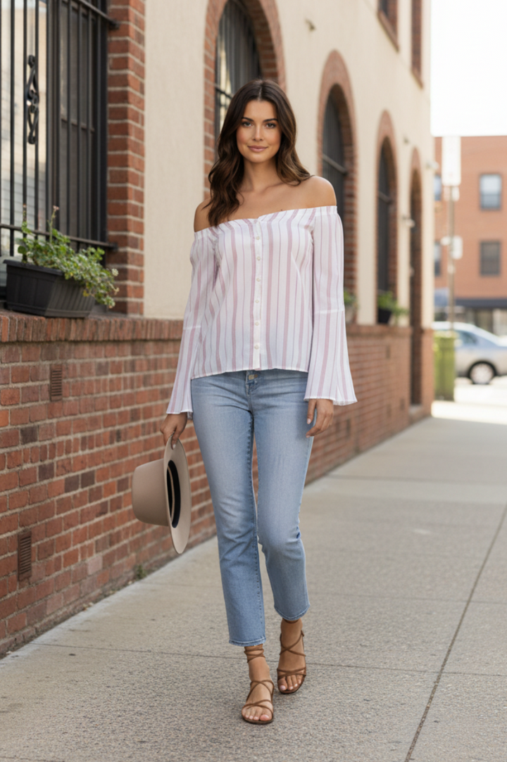 RED STRIPE BELL OFF-SHOULDER BLOUSE TOP MTP7192