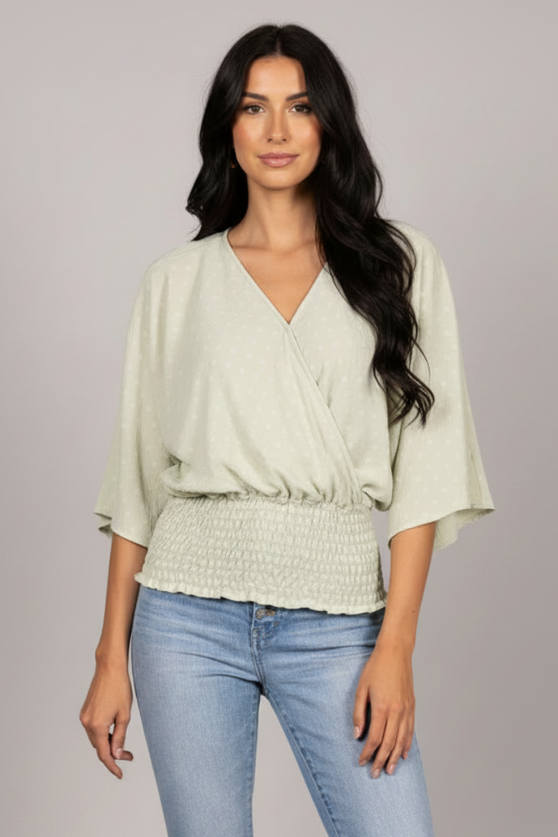 SAGE SWISS DOT DOLMAN SLEEVES TIERED BANDED HEM TOP TM6193H-