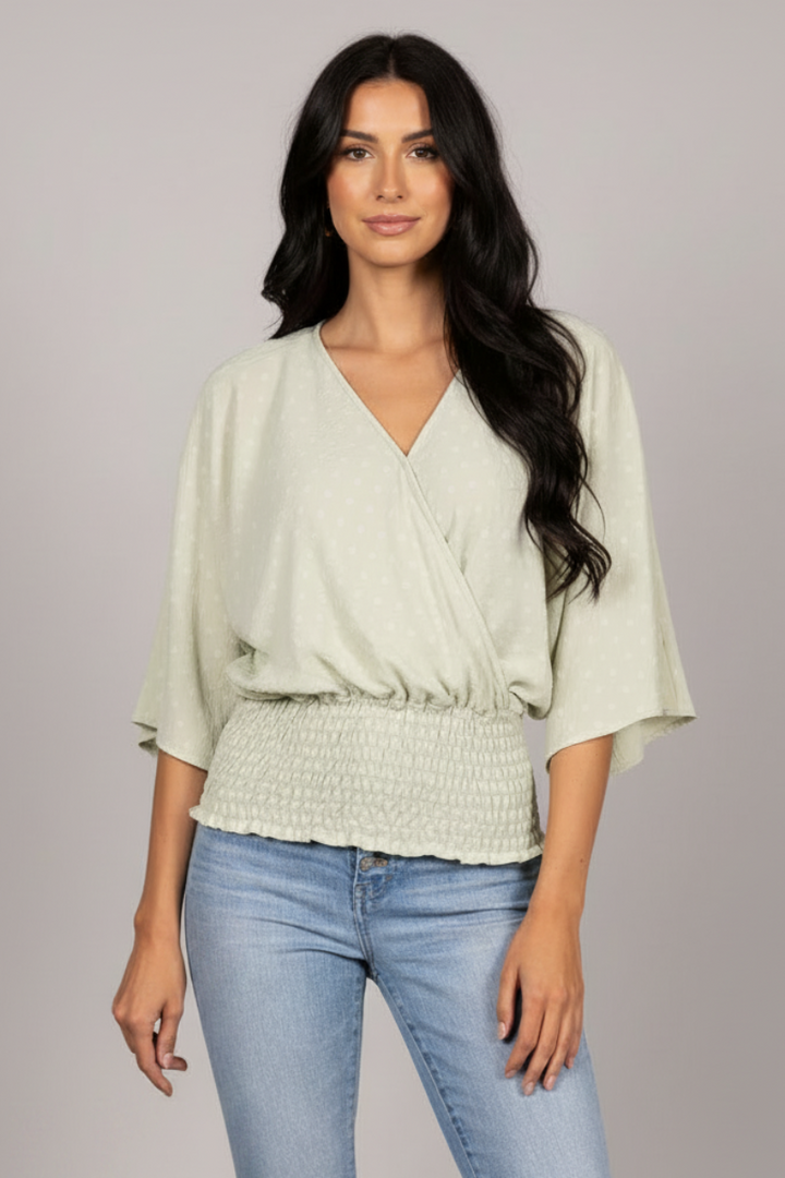 SAGE SWISS DOT DOLMAN SLEEVES TIERED BANDED HEM TOP TM6193H-