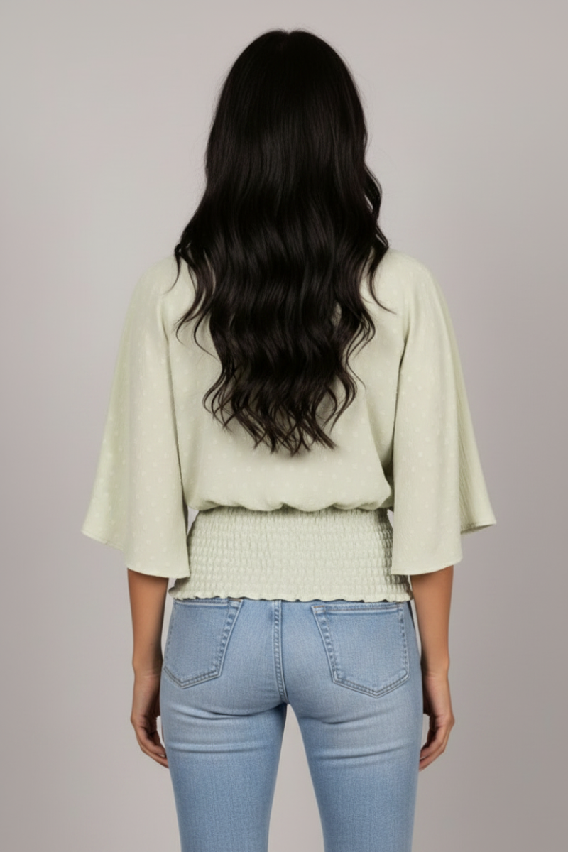 SAGE SWISS DOT DOLMAN SLEEVES TIERED BANDED HEM TOP TM6193H-