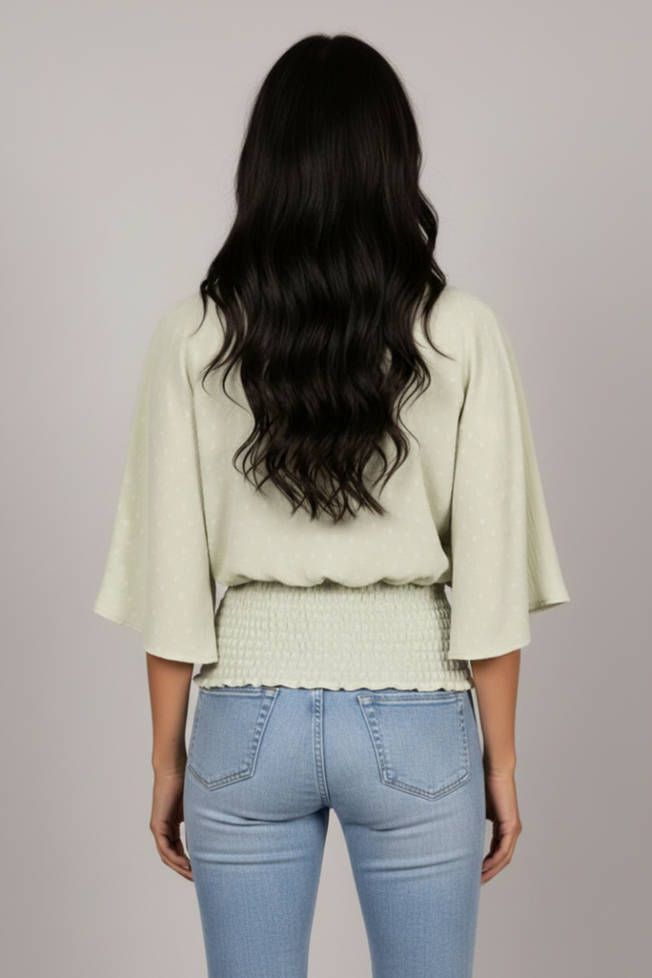 SAGE SWISS DOT DOLMAN SLEEVES TIERED BANDED HEM TOP TM6193H-