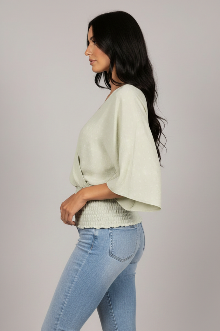 SAGE SWISS DOT DOLMAN SLEEVES TIERED BANDED HEM TOP TM6193H-