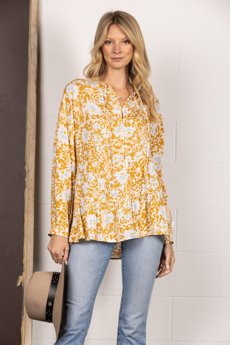 MUSTARD FLORAL PRINT BUTTON DOWN LONG SLEEVES TOP IT31529A