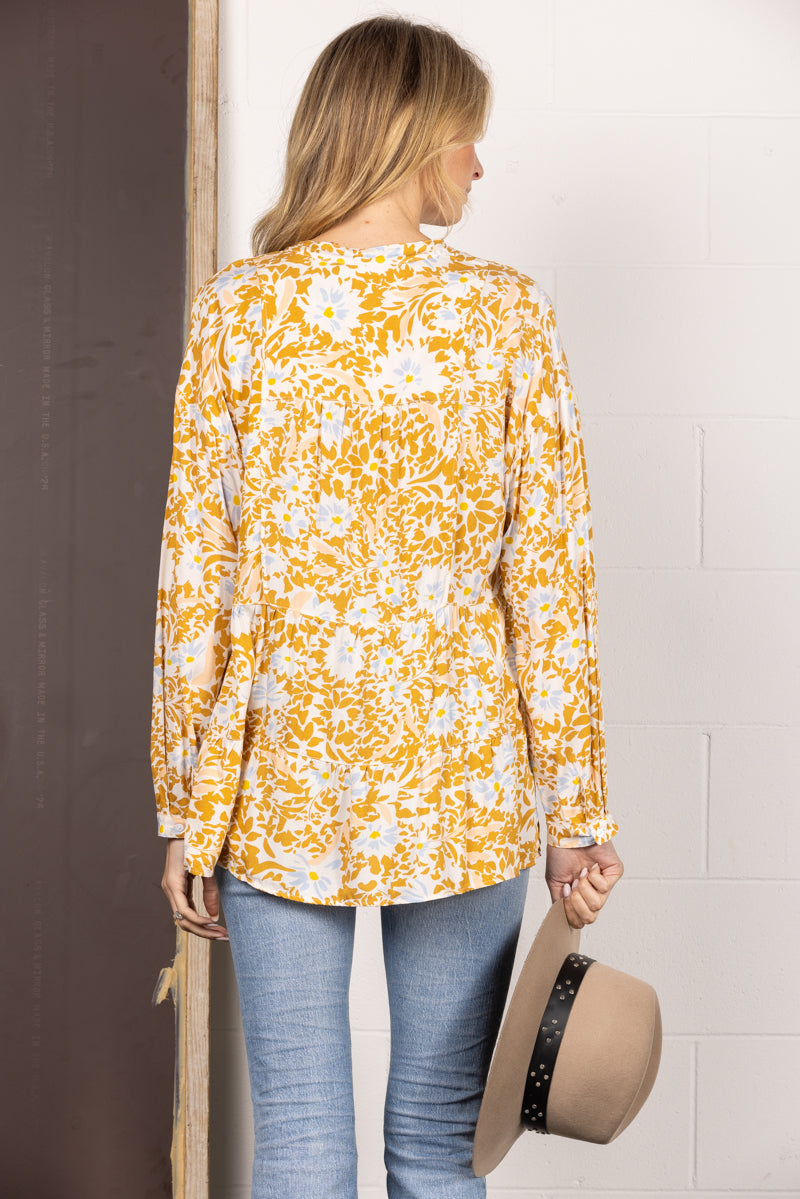MUSTARD FLORAL PRINT BUTTON DOWN LONG SLEEVES TOP IT31529A
