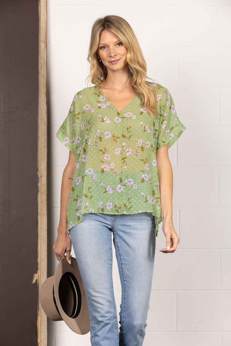 GREEN SWISS DOT FLORAL PRINT SHORT SLEEVES COVER-UP TOP T7436
