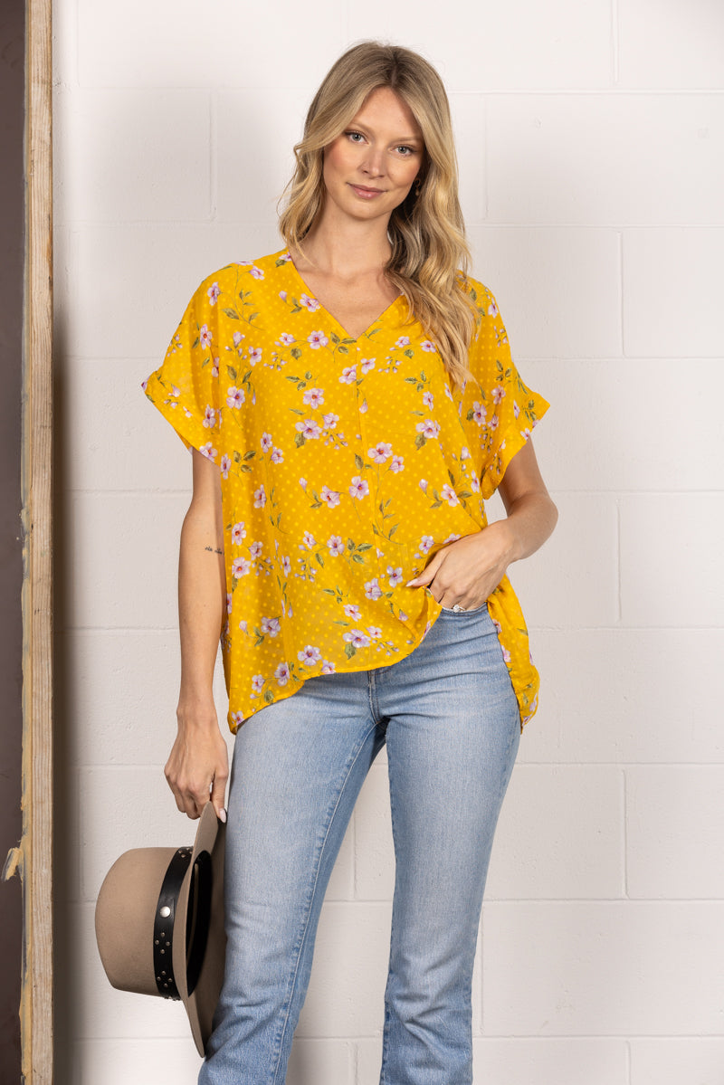 YELLOW SWISS DOT FLORAL PRINT SHORT SLEEVES COVER-UP TOP T7436