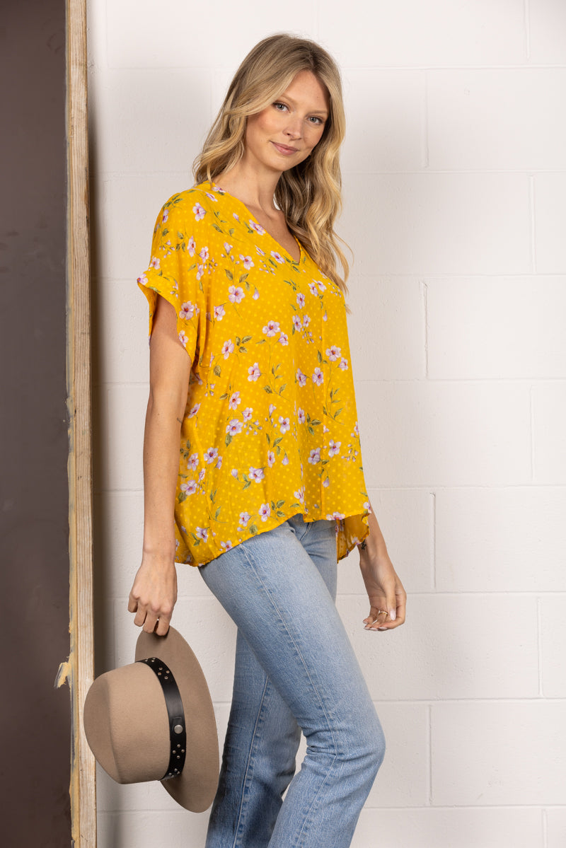 YELLOW SWISS DOT FLORAL PRINT SHORT SLEEVES COVER-UP TOP T7436