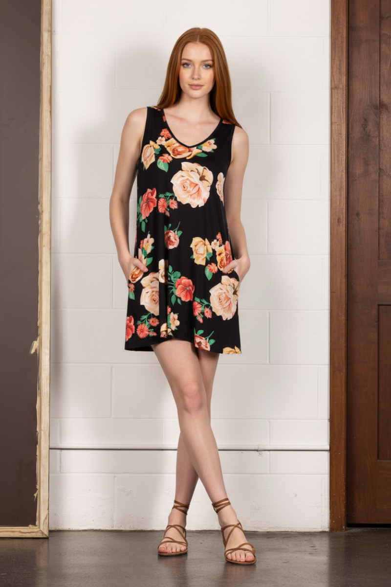 BLACK FLORAL PRINT TANK SWING MINI DRESS SD1243-22