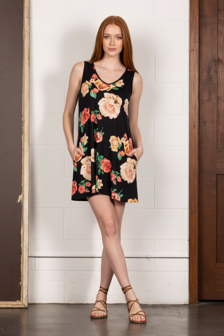 BLACK FLORAL PRINT TANK SWING MINI DRESS SD1243-22