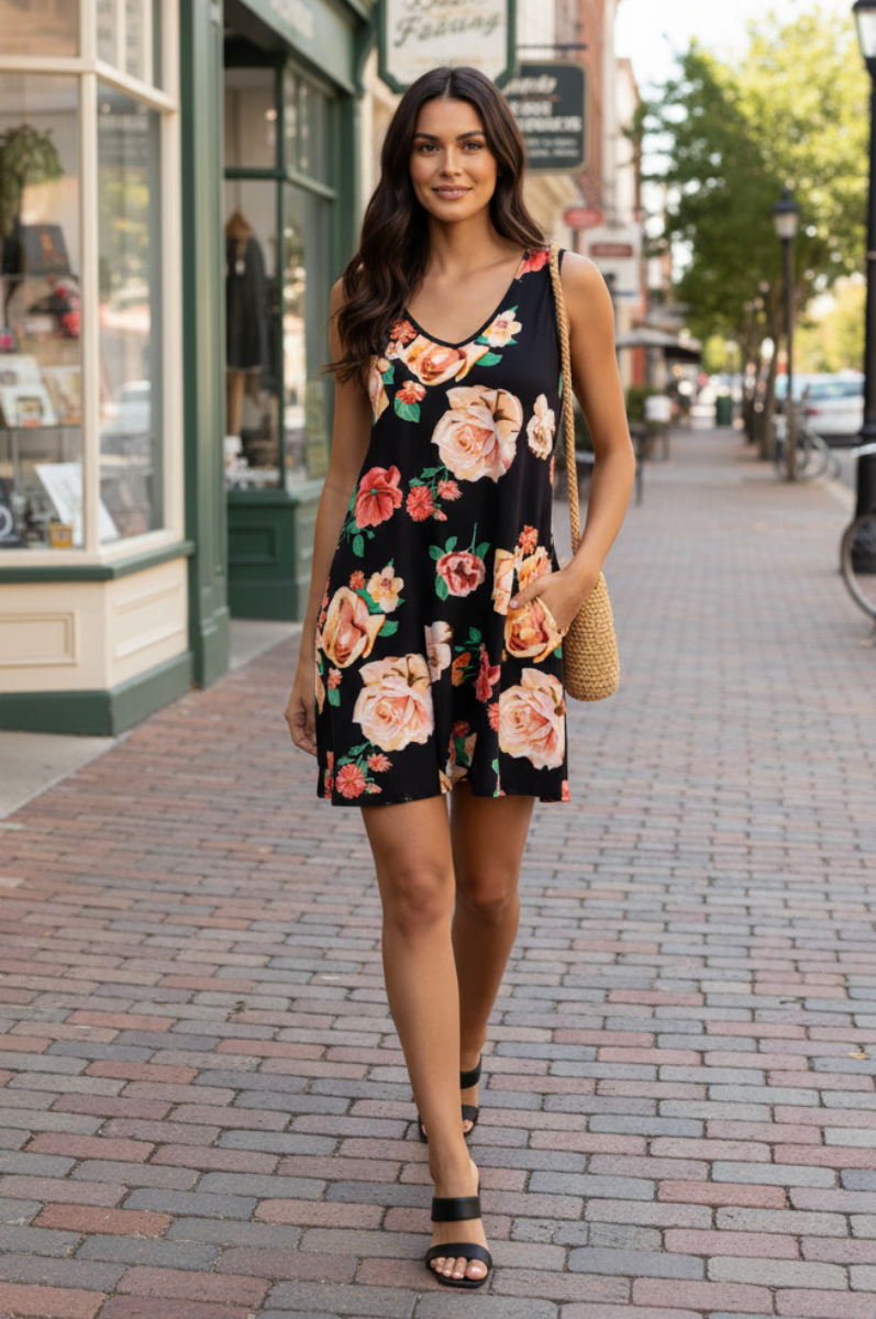 BLACK FLORAL PRINT TANK SWING MINI DRESS SD1243-22*