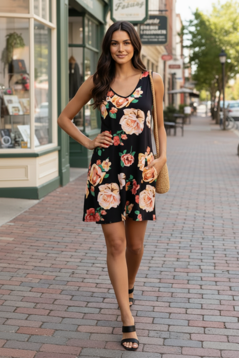 BLACK FLORAL PRINT TANK SWING MINI DRESS SD1243-22*