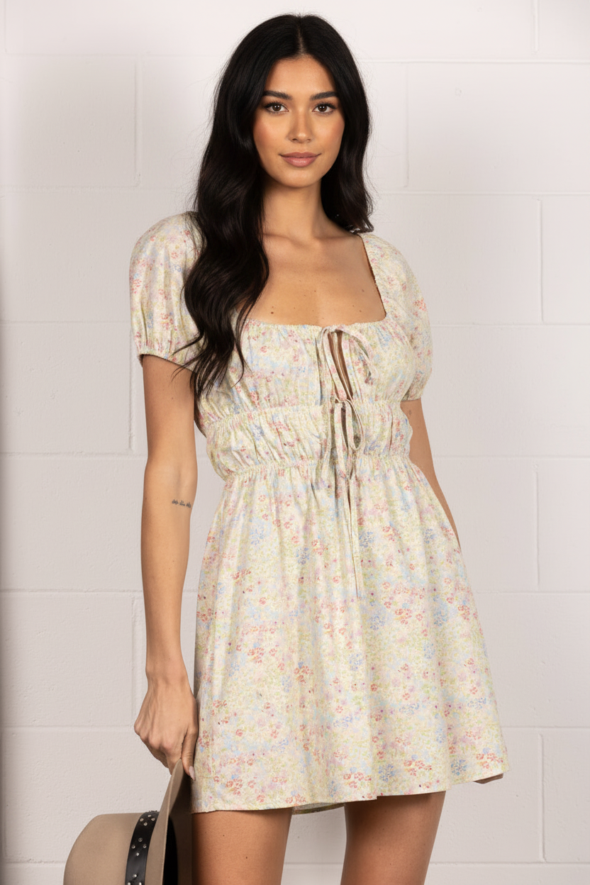 IVORY SELF-TIE SQUARE NECK RUCHED MINI DRESS HD0106