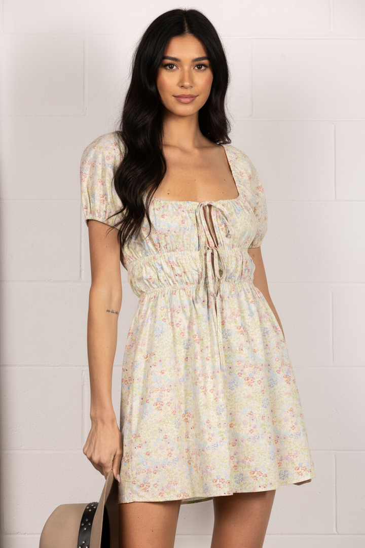 IVORY SELF-TIE SQUARE NECK RUCHED MINI DRESS HD0106
