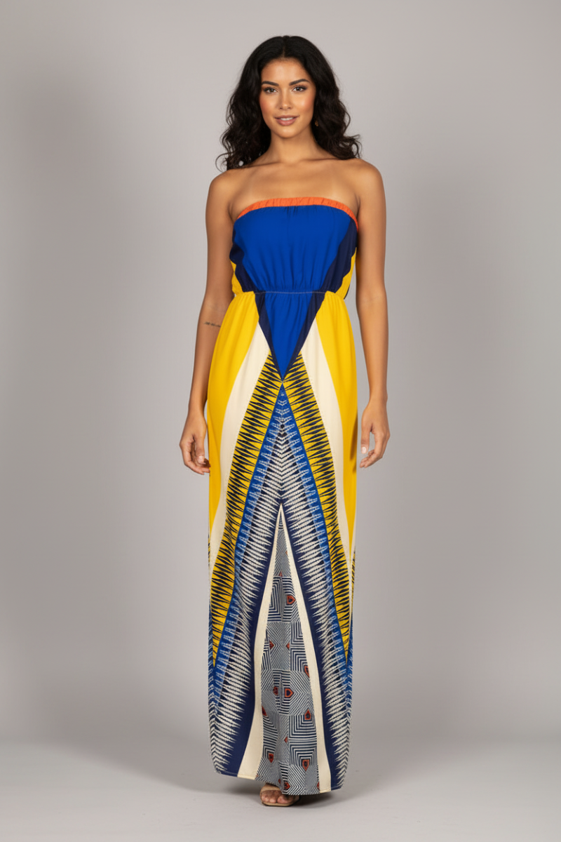 YELLOW BANDEAU CHEVRON PRINT SIDES SLIT MAXI DRESS D1576