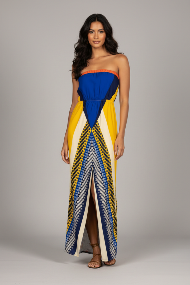 YELLOW BANDEAU CHEVRON PRINT SIDES SLIT MAXI DRESS D1576