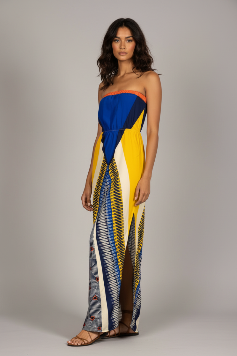 YELLOW BANDEAU CHEVRON PRINT SIDES SLIT MAXI DRESS D1576