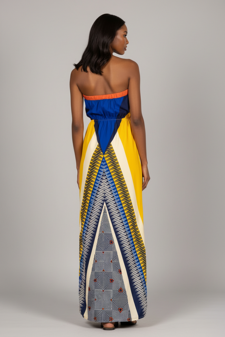 YELLOW BANDEAU CHEVRON PRINT SIDES SLIT MAXI DRESS D1576