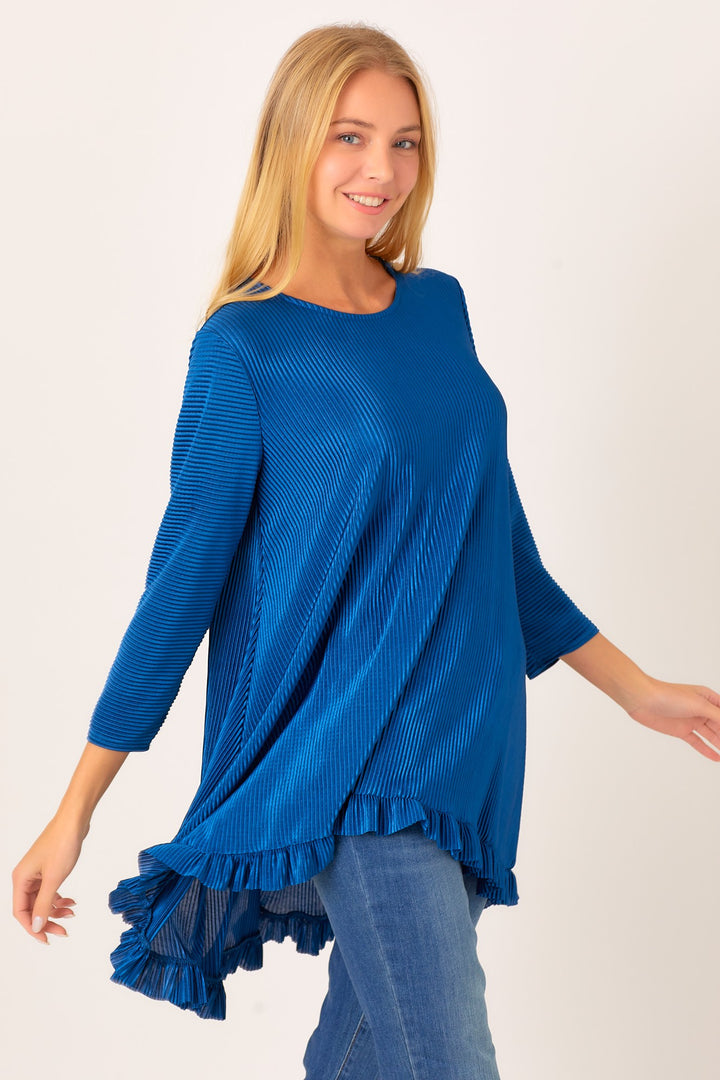 BLUE PLEATED RUFFLE 3/4 SLEEVES HI-LO TUNIC TOP