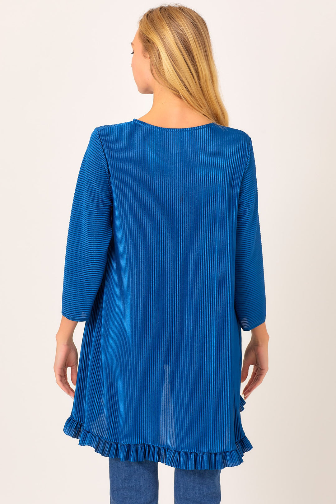 BLUE PLEATED RUFFLE 3/4 SLEEVES HI-LO TUNIC TOP