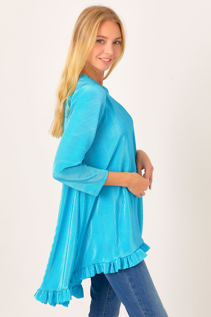 TEAL PLEATED RUFFLE 3/4 SLEEVES HI-LO TUNIC TOP