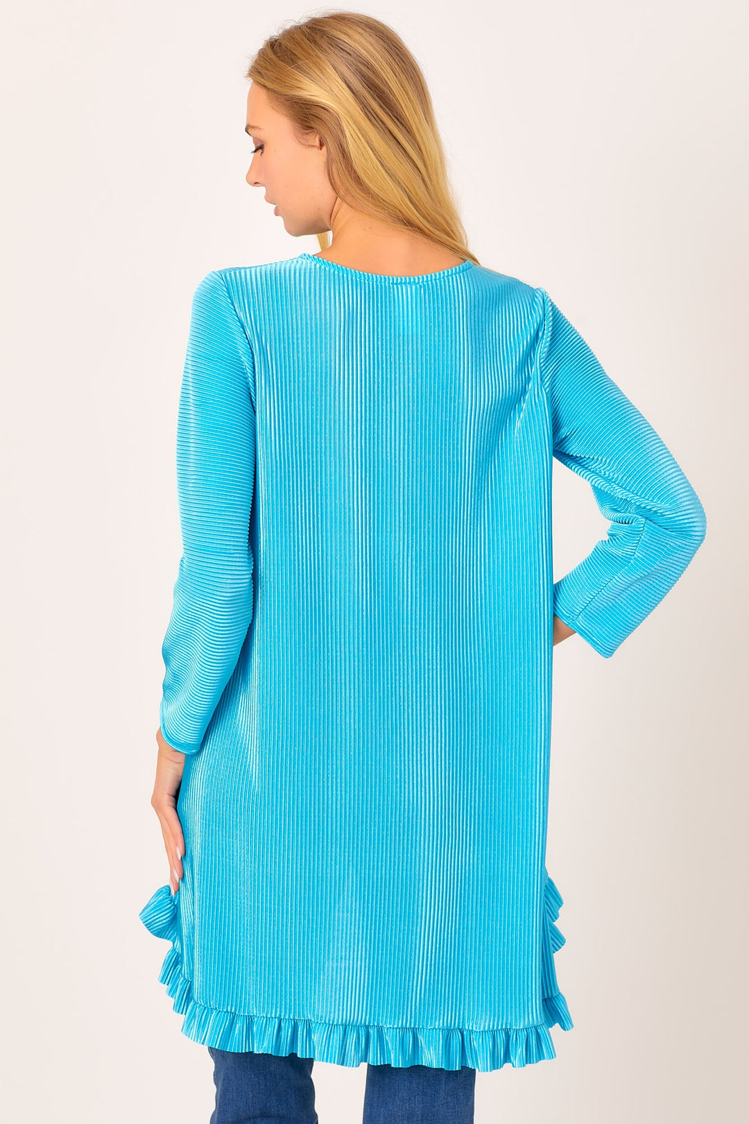 TEAL PLEATED RUFFLE 3/4 SLEEVES HI-LO TUNIC TOP