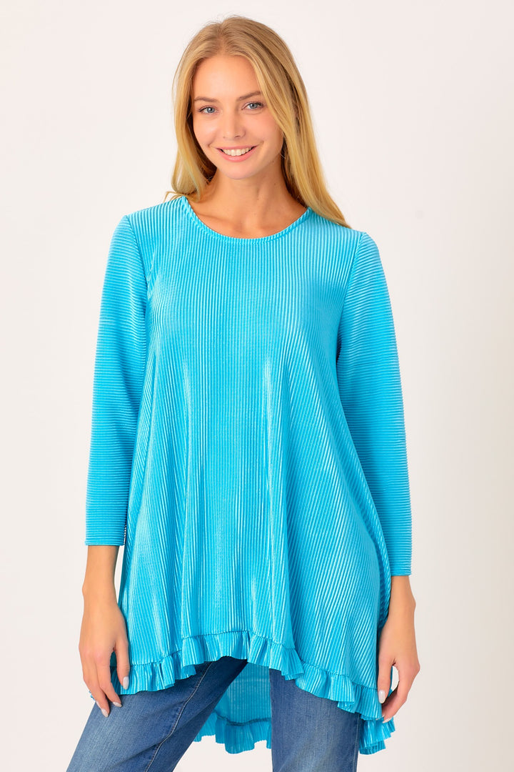SHB50827X-bodre-Wholesale Teal PLEATED RUFFLE 3/4 SLEEVES HI-LO TUNIC TOP