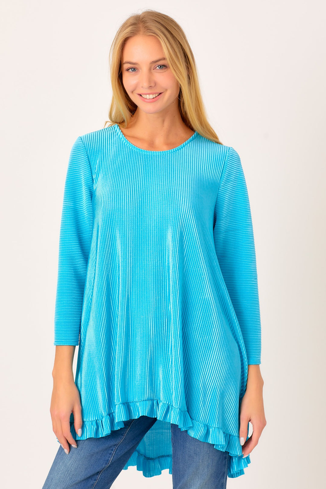SHB50827-bodre-Wholesale Teal PLEATED RUFFLE 3/4 SLEEVES HI-LO TUNIC TOP