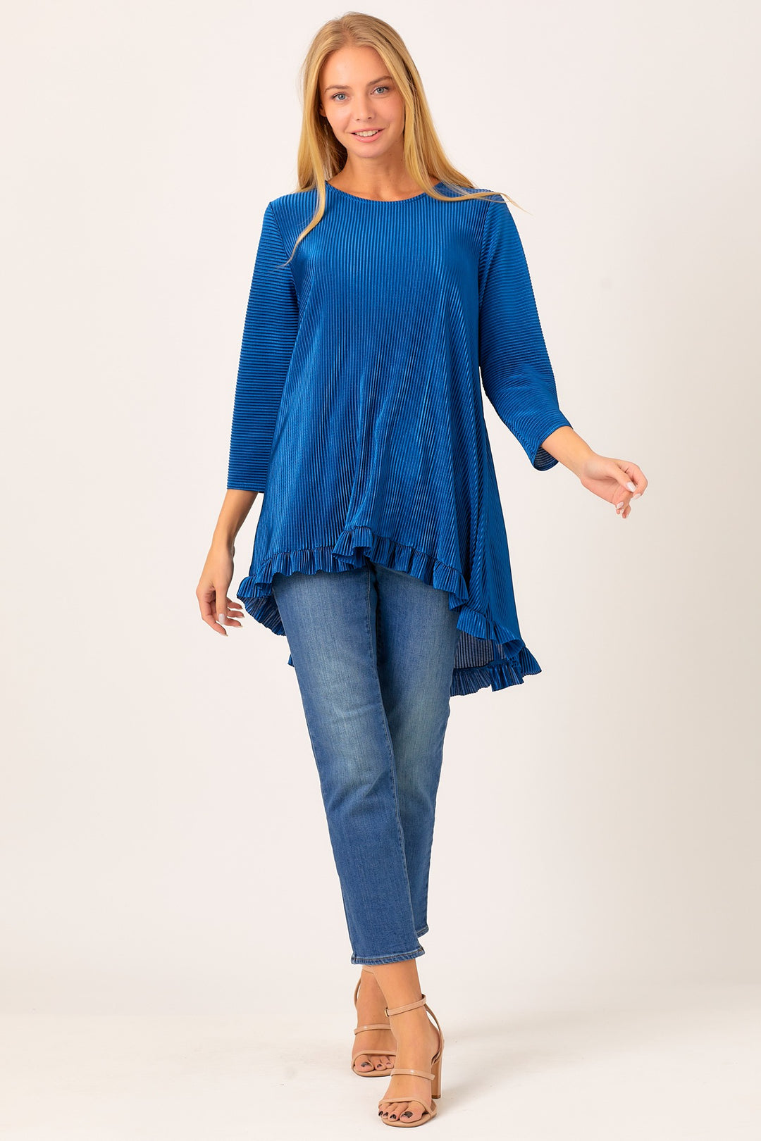 SHB50827X-bodre-Wholesale Blue PLEATED RUFFLE 3/4 SLEEVES HI-LO TUNIC TOP