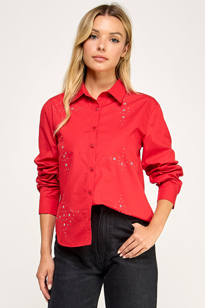 RED COLLARED FRONT BUTTON DOWN LONG SLEEVES TOP AV51158W