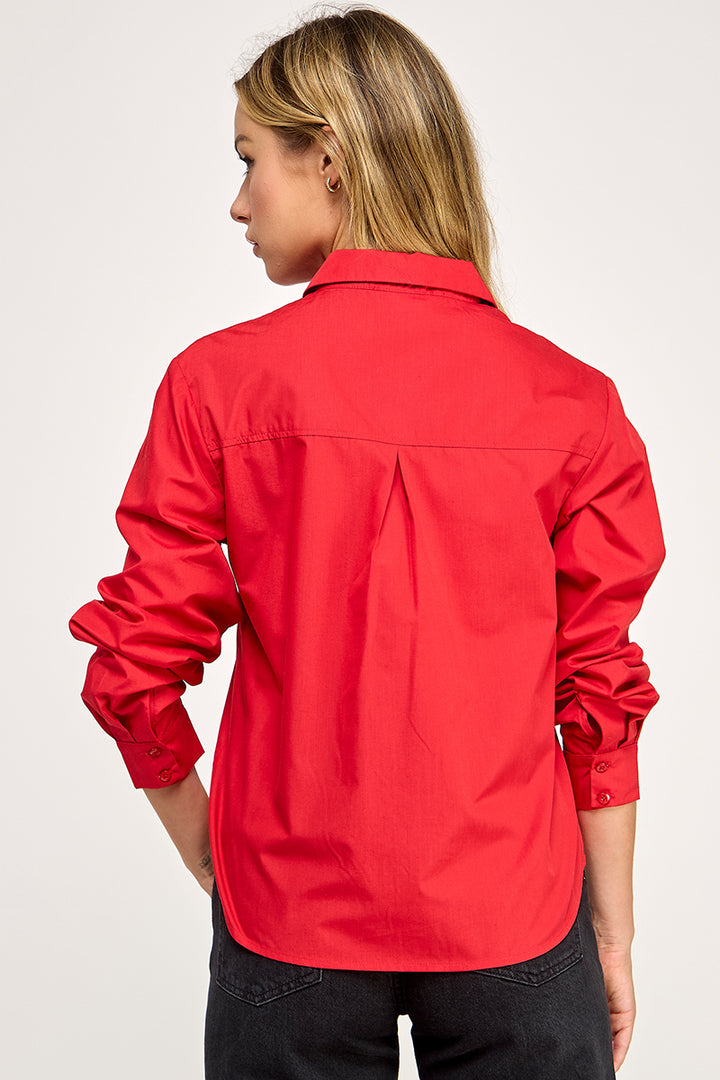 RED COLLARED FRONT BUTTON DOWN LONG SLEEVES TOP AV51158W