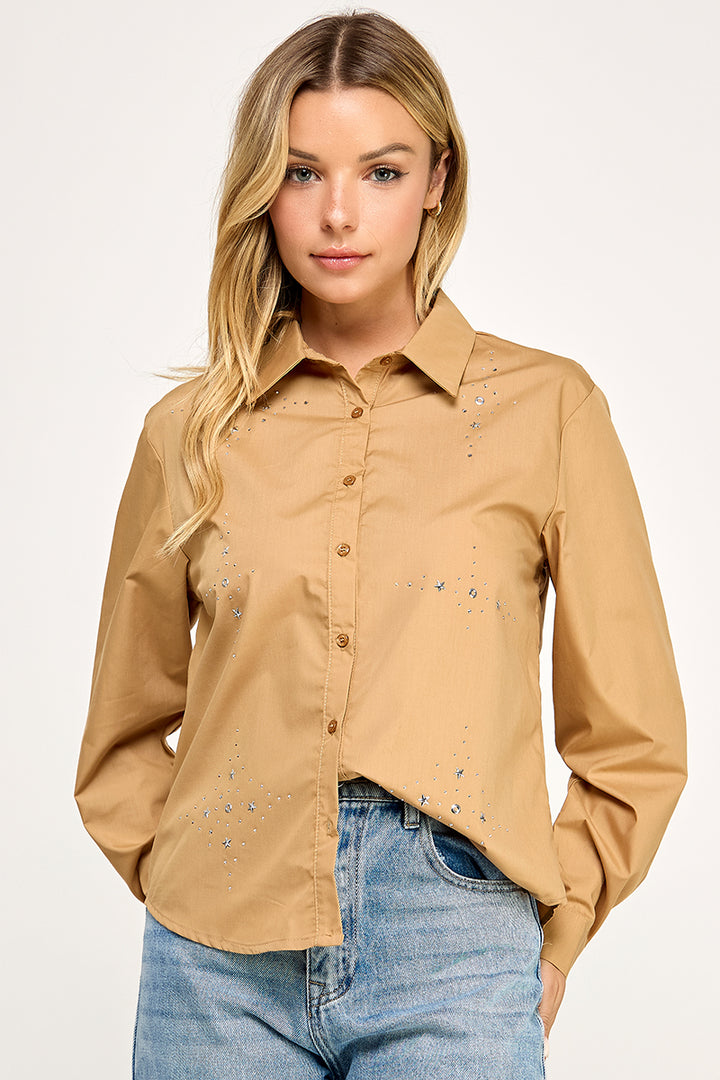 MOCHA COLLARED FRONT BUTTON DOWN LONG SLEEVES TOP AV51158W