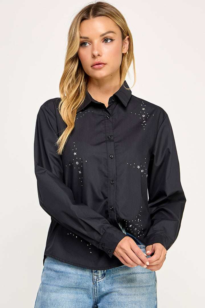 BLACK COLLARED FRONT BUTTON DOWN LONG SLEEVES TOP AV51158W