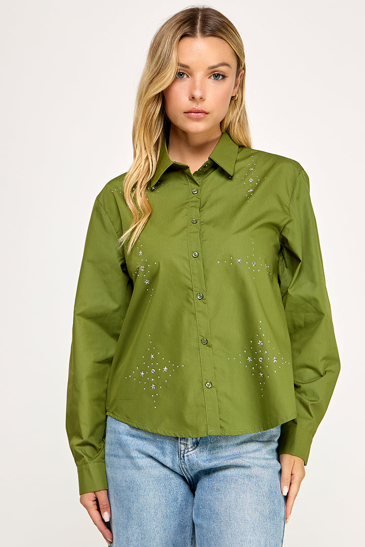 OLIVE COLLARED FRONT BUTTON DOWN LONG SLEEVES TOP AV51158W