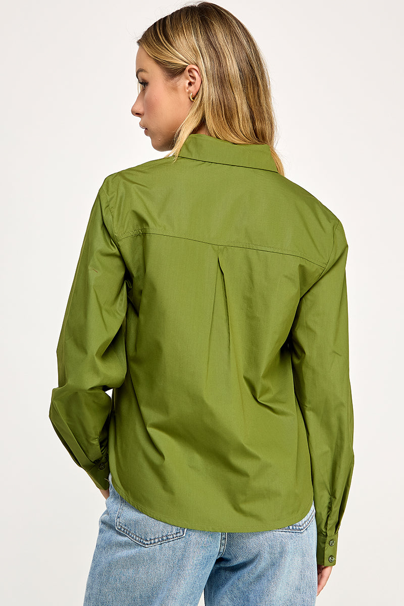 OLIVE COLLARED FRONT BUTTON DOWN LONG SLEEVES TOP AV51158W