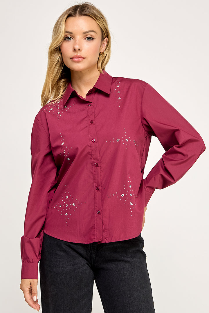 PLUM COLLARED FRONT BUTTON DOWN LONG SLEEVES TOP AV51158W