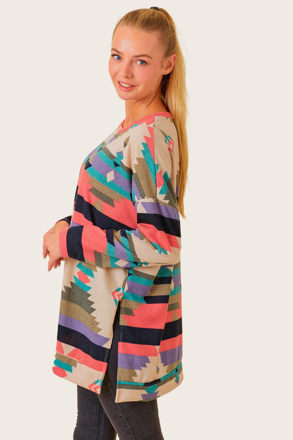 PINK AZTEC PRINT LONG SLEEVE SWEATERS