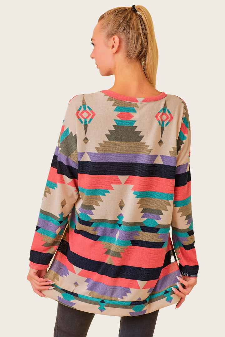 PINK AZTEC PRINT LONG SLEEVE SWEATERS