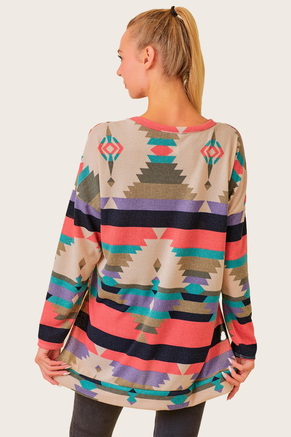 PINK AZTEC PRINT PLUS SIZE LONG SLEEVE SWEATERS