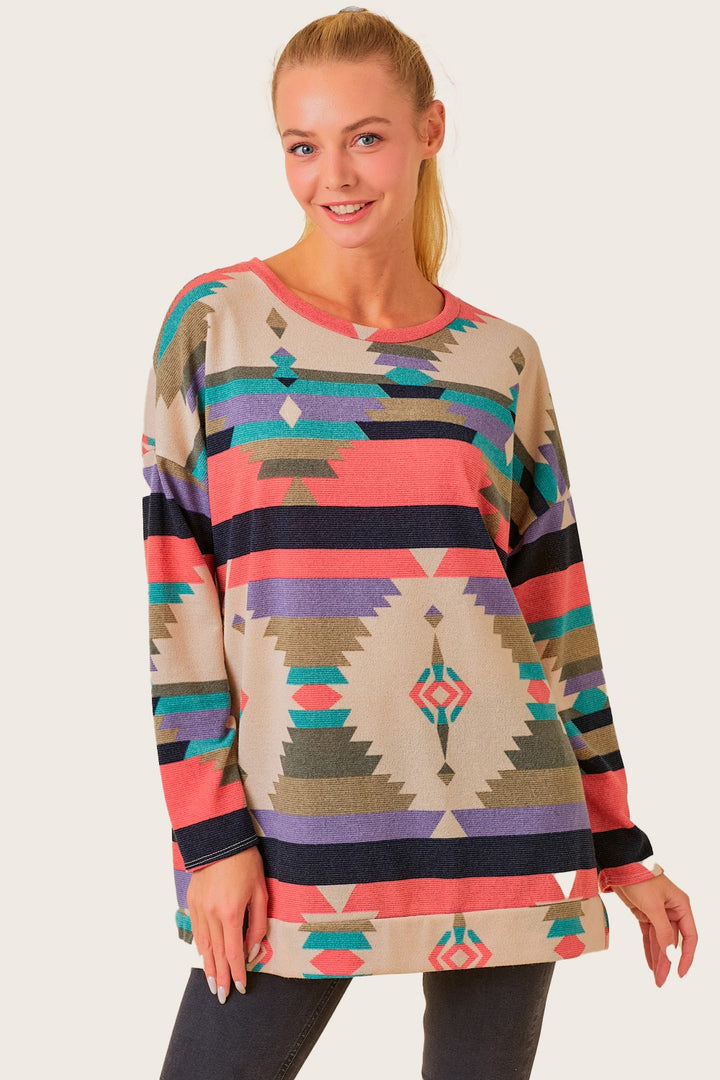SHB5228-Wholesale Pink AZTEC PRINT LONG SLEEVE Sweaters