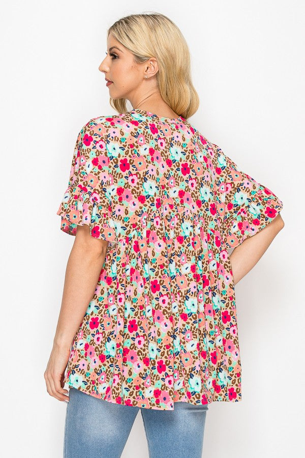 PINK FLORAL SHORT SLEEVE TOP
