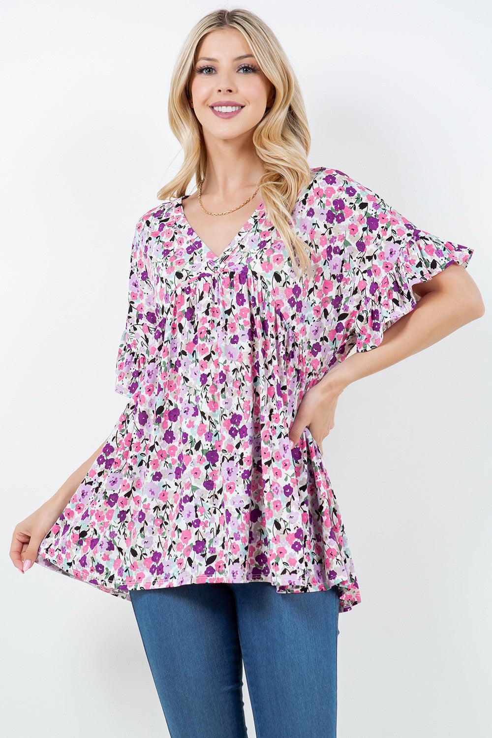SHB5640-2-Wholesale Purple Floral short sleeve top